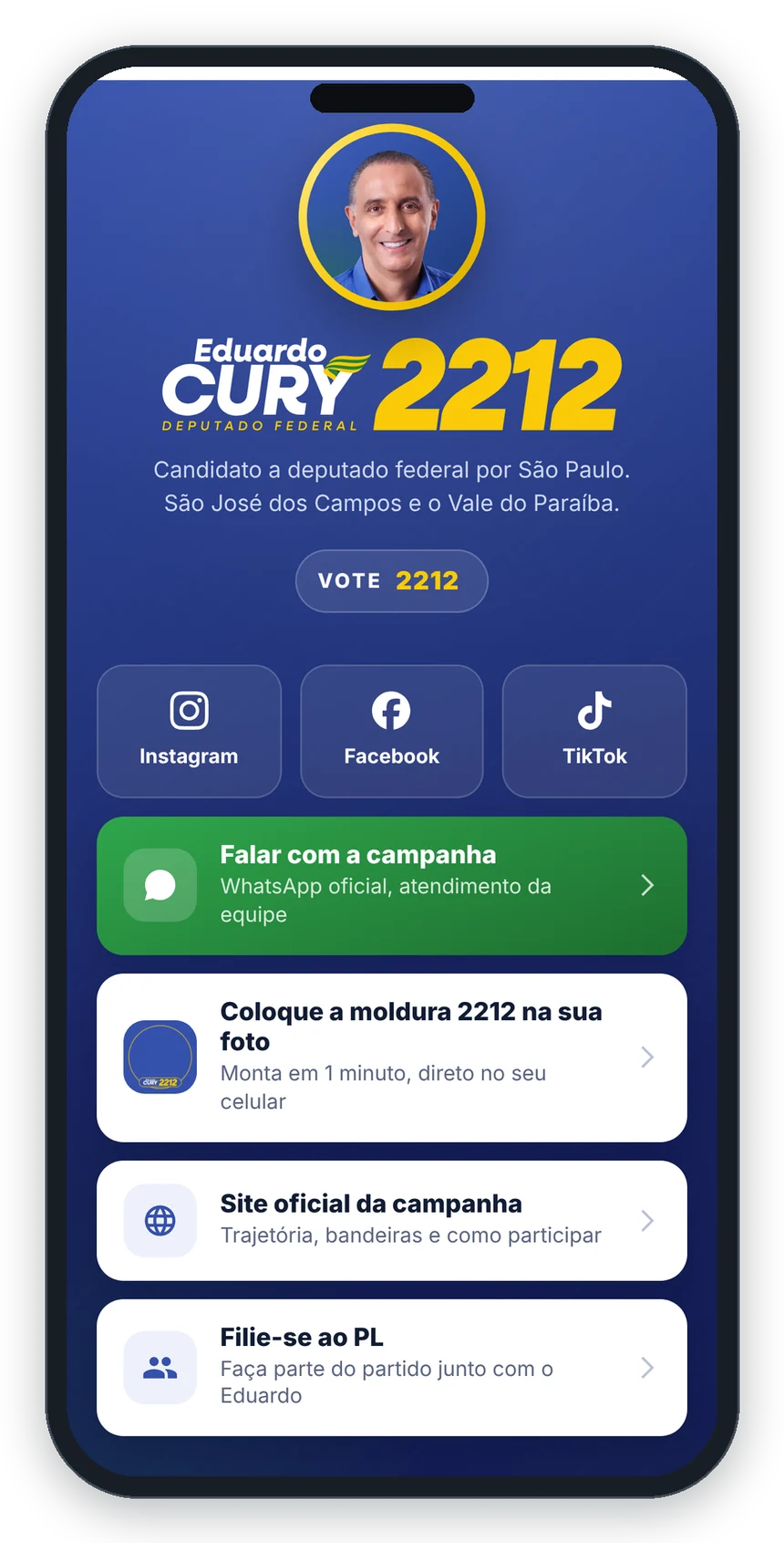 Página de links da campanha de Eduardo Cury 2212 aberta no celular, no endereço eduardocuryoficial.com.br/links/
